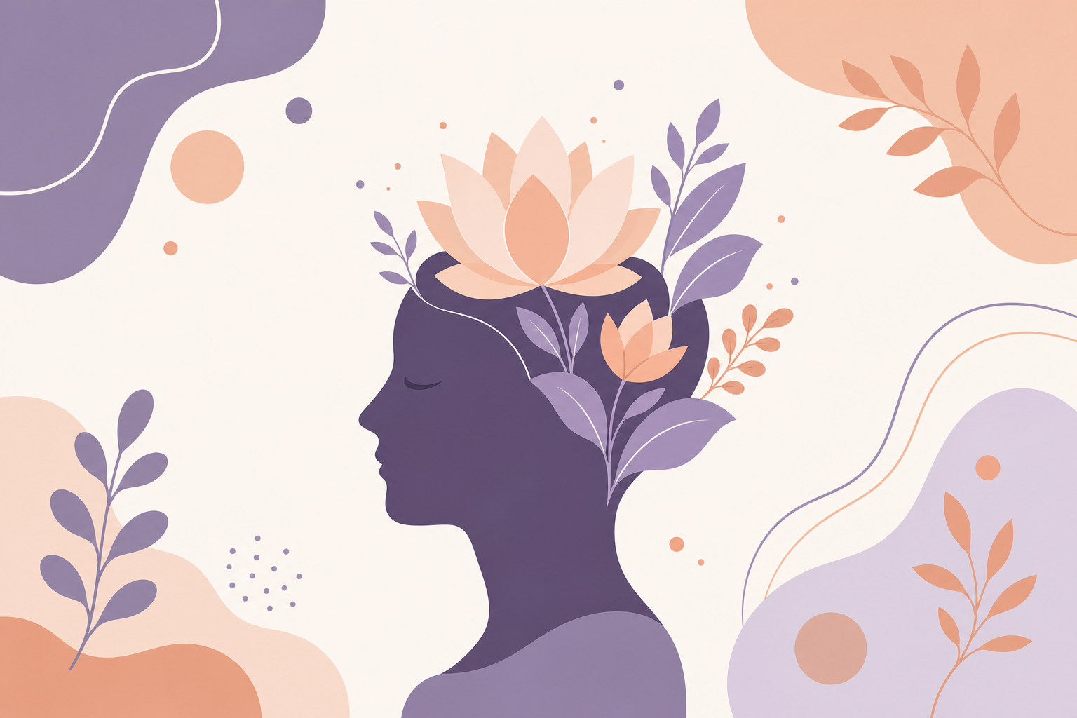 Illustration of a calm mind blossoming with lotus and leaves