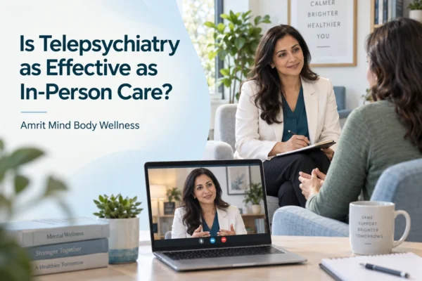 Amrit Mind Body Wellness psychiatrist providing telepsychiatry and in-person mental health care to an adult patient.