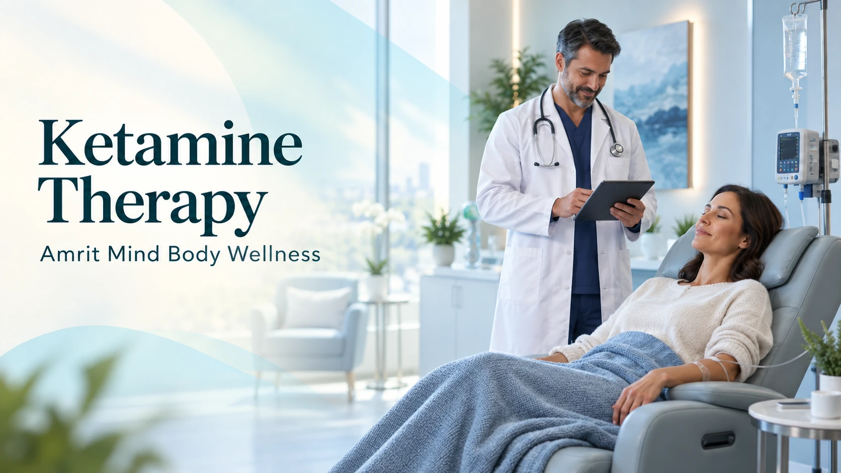 Amrit Mind Body Wellness ketamine therapy image showing a clinician beside a patient resting in a treatment chair.