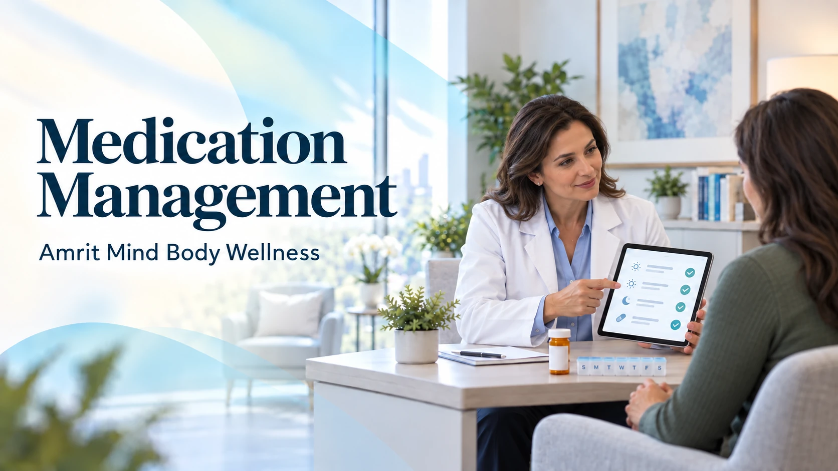 Female clinician at Amrit Mind Body Wellness reviewing a personalized medication management plan with a female patient