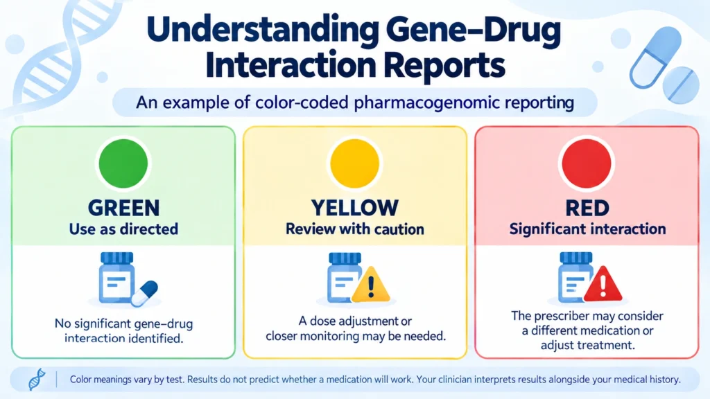 Color-coded pharmacogenomic testing report showing green, yellow, and red gene–drug interaction categories, explained by Amrit Mind & Body Wellness.