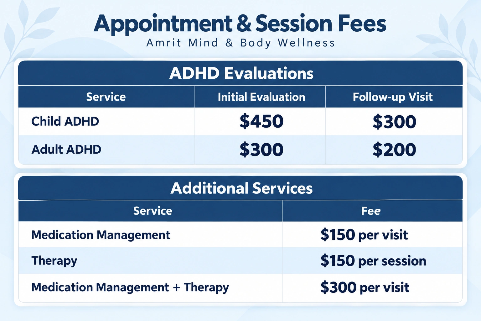 Amrit Mind & Body Wellness fees for child and adult ADHD evaluations, follow-up visits, medication management, and therapy.