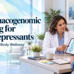 Pharmacogenomic testing for antidepressants featured image for Amrit Mind & Body Wellness, showing a clinician discussing a genetic report with a patient.