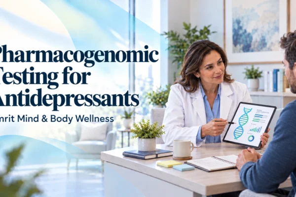 Pharmacogenomic testing for antidepressants featured image for Amrit Mind & Body Wellness, showing a clinician discussing a genetic report with a patient.