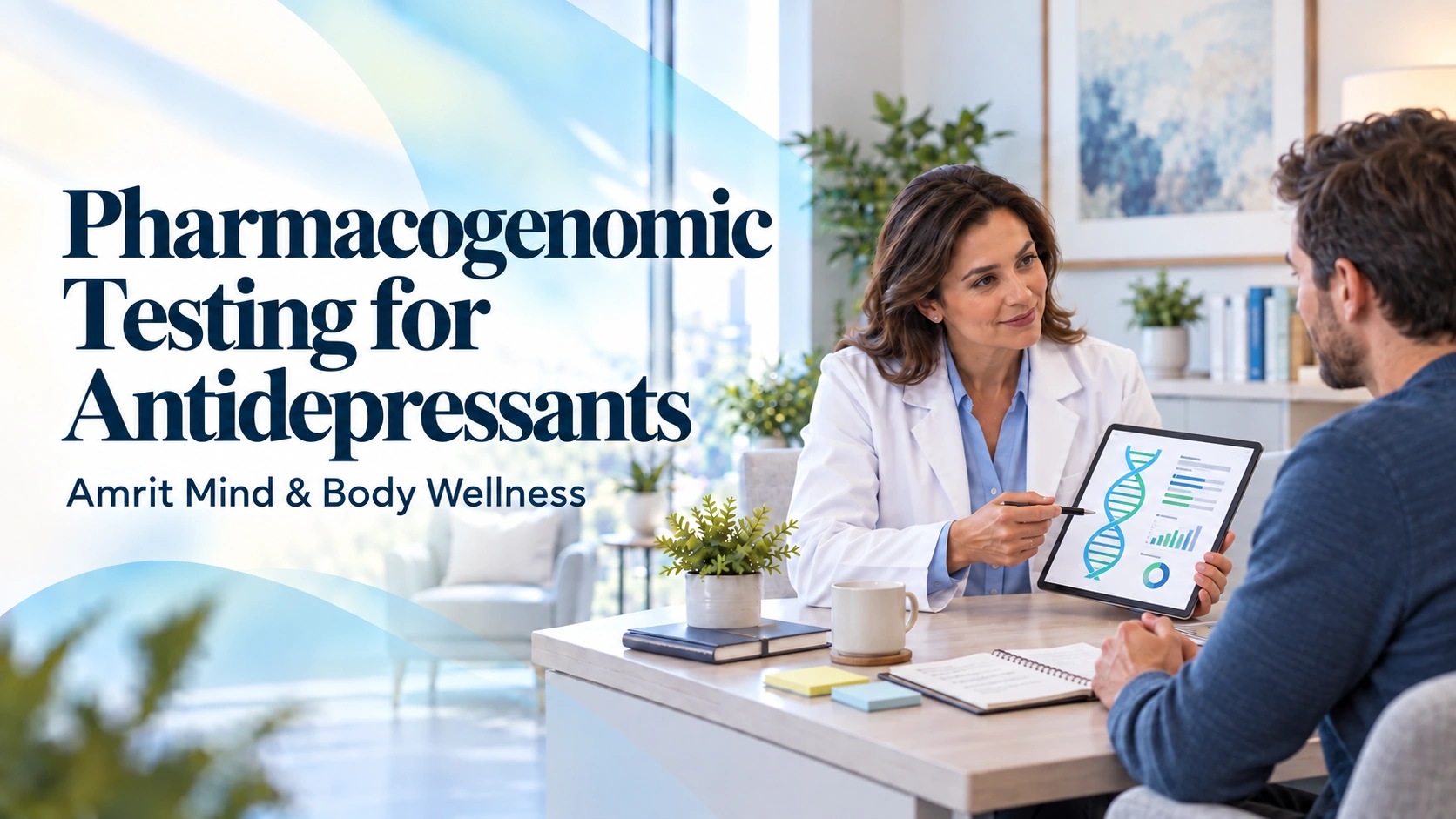 Pharmacogenomic testing for antidepressants featured image for Amrit Mind & Body Wellness, showing a clinician discussing a genetic report with a patient.